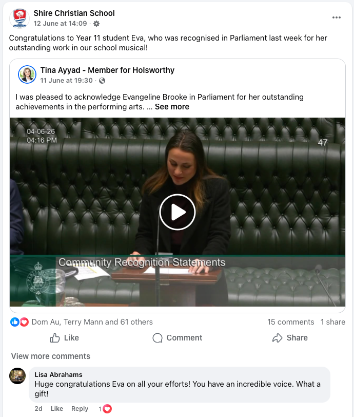 Eva recognised in Parliament for outstanding performance in Anastasia: The Musical